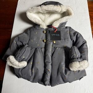 Cynthia Rowley Baby Girls Grey Gold Star Puffer Jacket Faux FurTrim Mittens 3-6M